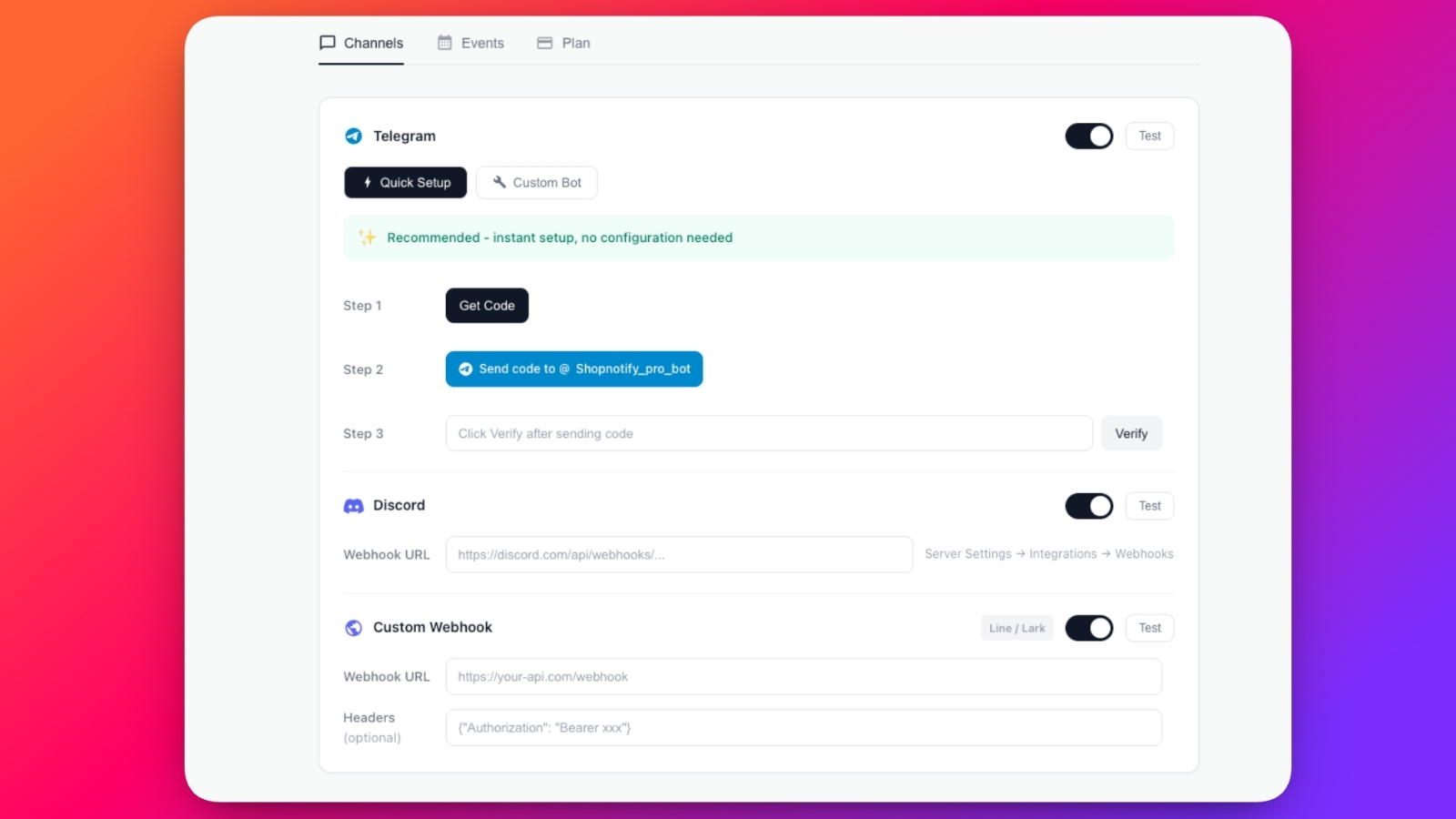 Shop Notify Pro Dashboard - Channels Configuration